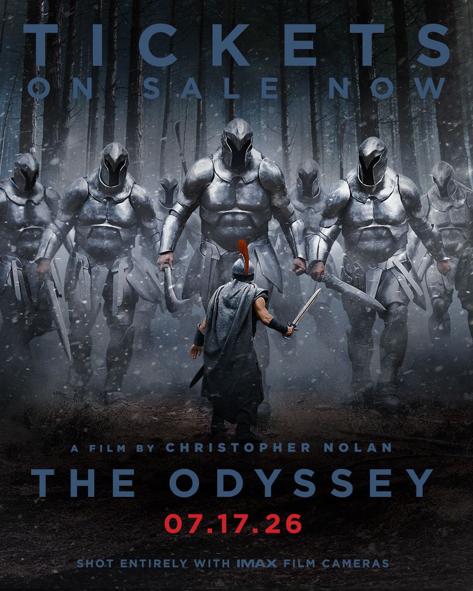 atomtickets's tweet photo. Tickets on sale now, all formats and all theaters. A film by Christopher Nolan. Experience The Odyssey in theaters 07.17.26. Tix: https://t.co/cGzysgXEWp https://t.co/gi1R7sqzxU