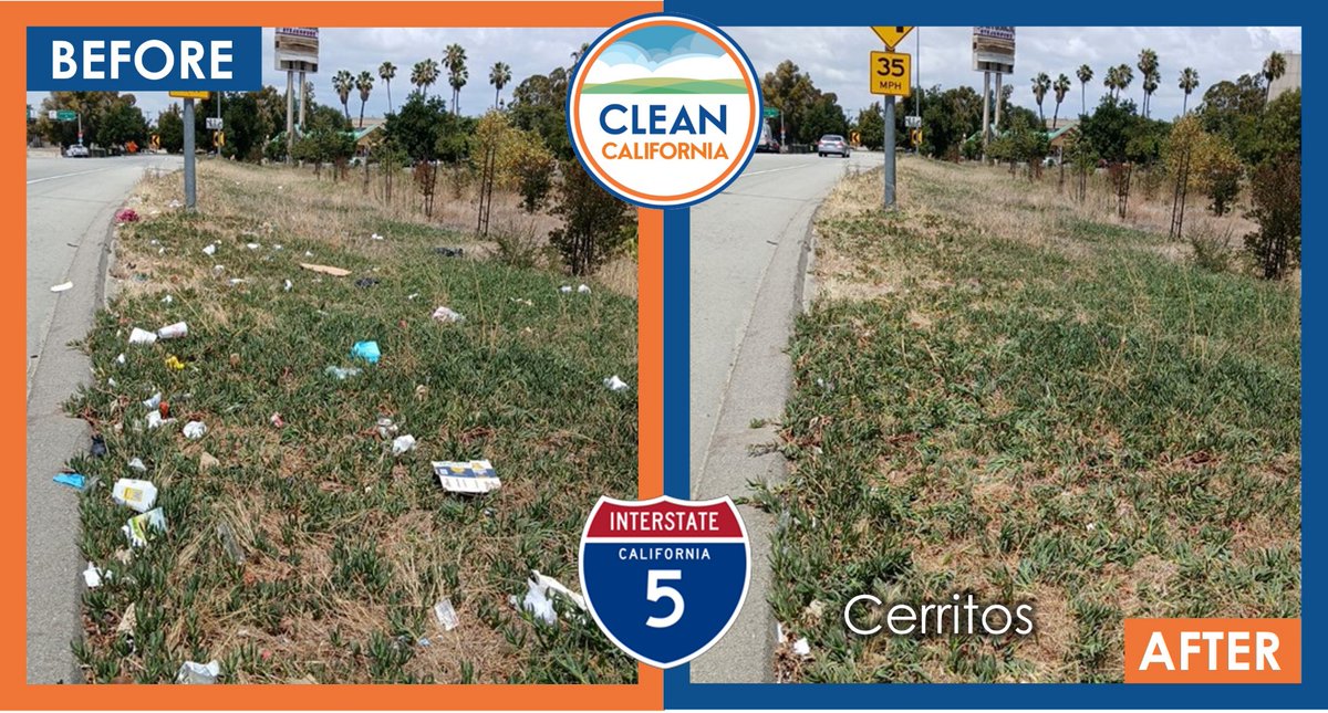 CaltransDist7's tweet photo. A Caltrans study found 61 pieces of litter exists in California per person. You can do your part simply by not adding to all the trash Caltrans crews and volunteers are removing each day, like along this stretch of I-5 in Cerritos. ๐ฎ #CleanCA @CAgovernor @CA_Trans_Agency https://t.co/Ly0X3UYSaG