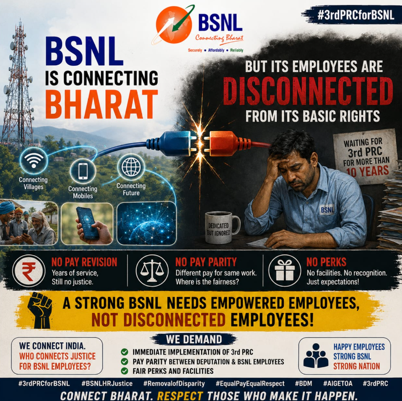 aigetoahpbsnl's tweet photo. Years of dedication, commitment, and contribution deserve recognition.  

**Justice delayed is justice denied. Implement 3rd PRC.**
  
#3rdPRCforBSNL 
#3rdPRC
#3rdPRCforBSNLEmployee 
#BSNLHRJustice 
#bsnl https://t.co/8Gw6PSe085