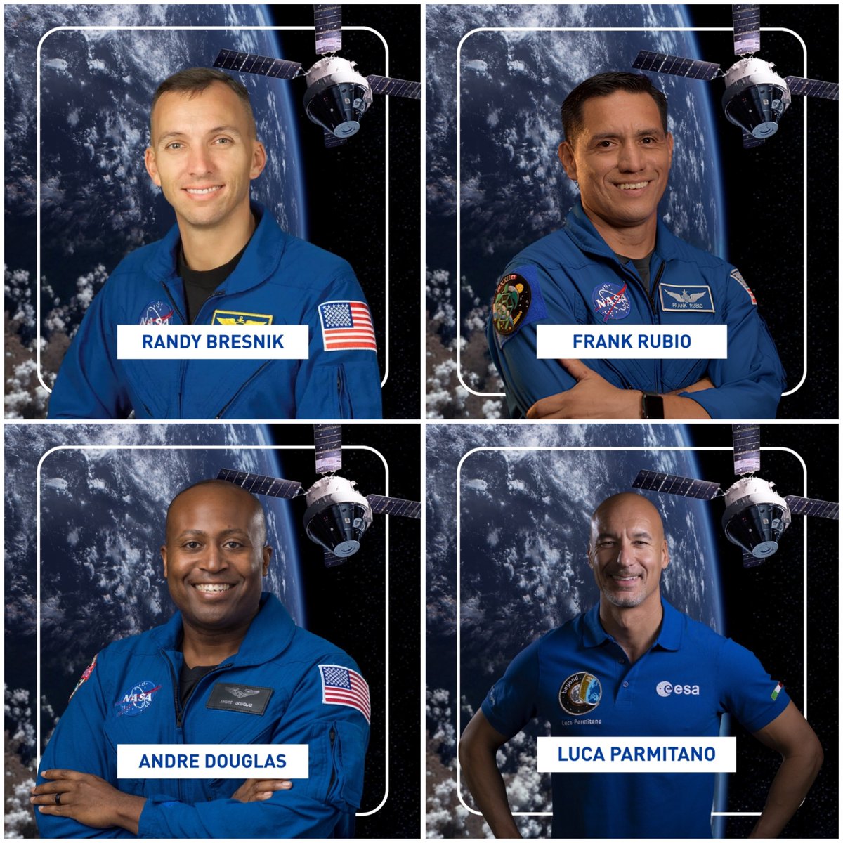 XploraSpace's tweet photo. 👩‍🚀🚨 Artemis III : voici les quatre astronautes qui composeront l’équipage :
🇺🇸 Randy Bresnik
🇺🇸 Frank Rubio
🇺🇸 Andre Douglas
🇮🇹 Luca Parmitano

🇪🇺 L’Europe décroche ainsi une place historique à bord du programme Artemis ! https://t.co/x9HFZUXU36