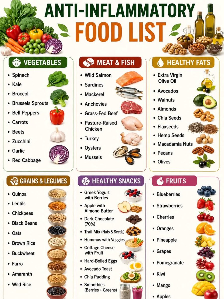 BioLifex's tweet photo. ANTI-INFLAMMATORY FOOD LIST. https://t.co/oqvfUcNPwF