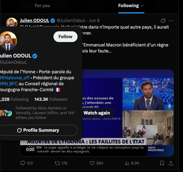 polytyx's tweet photo. Est-ce que quelqu'un peut m'expliquer pourquoi Odoul est dans mon feed alors que je ne le suis pas ?
Ce n'est pas un retweet ou une réponse de quelqu'un que je suis.
Ce n'est pas la première fois que cela arrive. Cette fois j'ai gardé une copie d'écran. https://t.co/SbBjYdIJZG