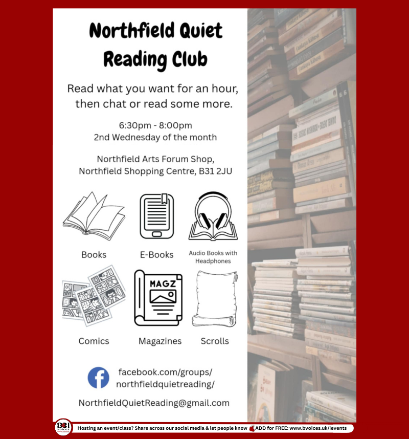 B31Voices's tweet photo. #SWBrumEVENTS โ Northfield Quiet #ReadingClub ๐
INFO: ๐ https://t.co/GxtJbo5jDh
๐
2nd Wed of the month
๐ 6:30pm - 8pm
๐ Northfield Arts Forum, #Northfield
๐ค Everyone is welcome
โน๏ธ Hot & cold drinks & snacks provided
-
#CommunityEvents
#Birmingham
#BirminghamUK https://t.co/NQRwVAqCGM
