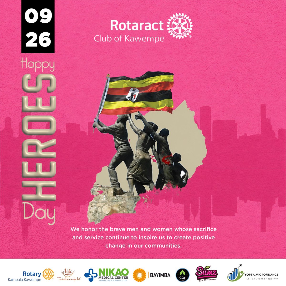 RctKawempe's tweet photo. Happy Heroes Day from the Rotaract Club of Kawempe. We honour Uganda’s heroes and applaud all working tirelessly to improve the welfare of those around them. Your efforts inspire our service.
#HeroesDay26
#uganda #rotaract #rotary #love https://t.co/SgP7s4txtd