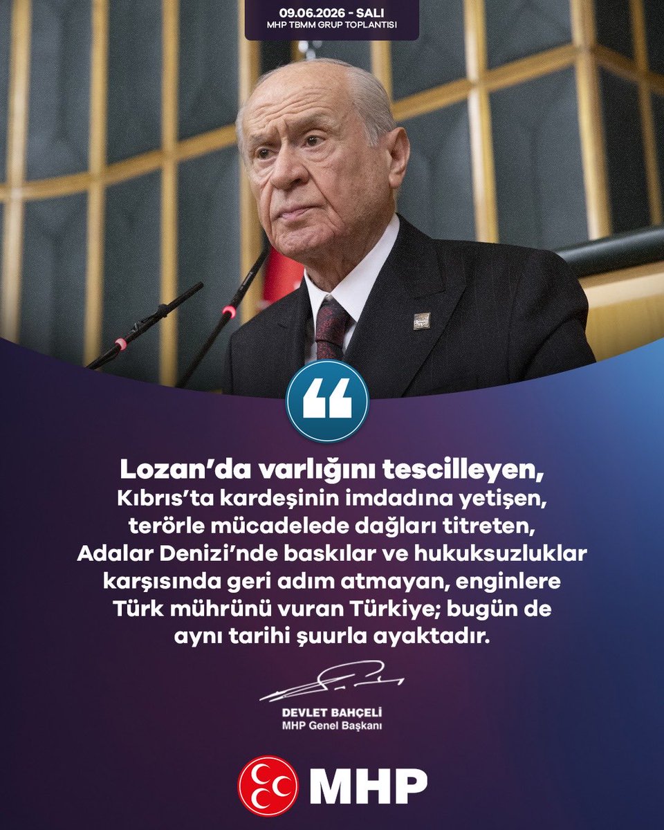 hsnbsrefe's tweet photo. Lozan’da varlığını tescilleyen, Kıbrıs’ta kardeşinin imdadına yetişen, terörle mücadelede dağları titreten, Adalar Denizi’nde baskılar ve hukuksuzluklar karşısında geri adım atmayan, enginlere Türk mührünü vuran Türkiye; bugün de aynı tarihi şuurla ayaktadır.

MHP Genel Başkanı
Devlet BAHÇELİ