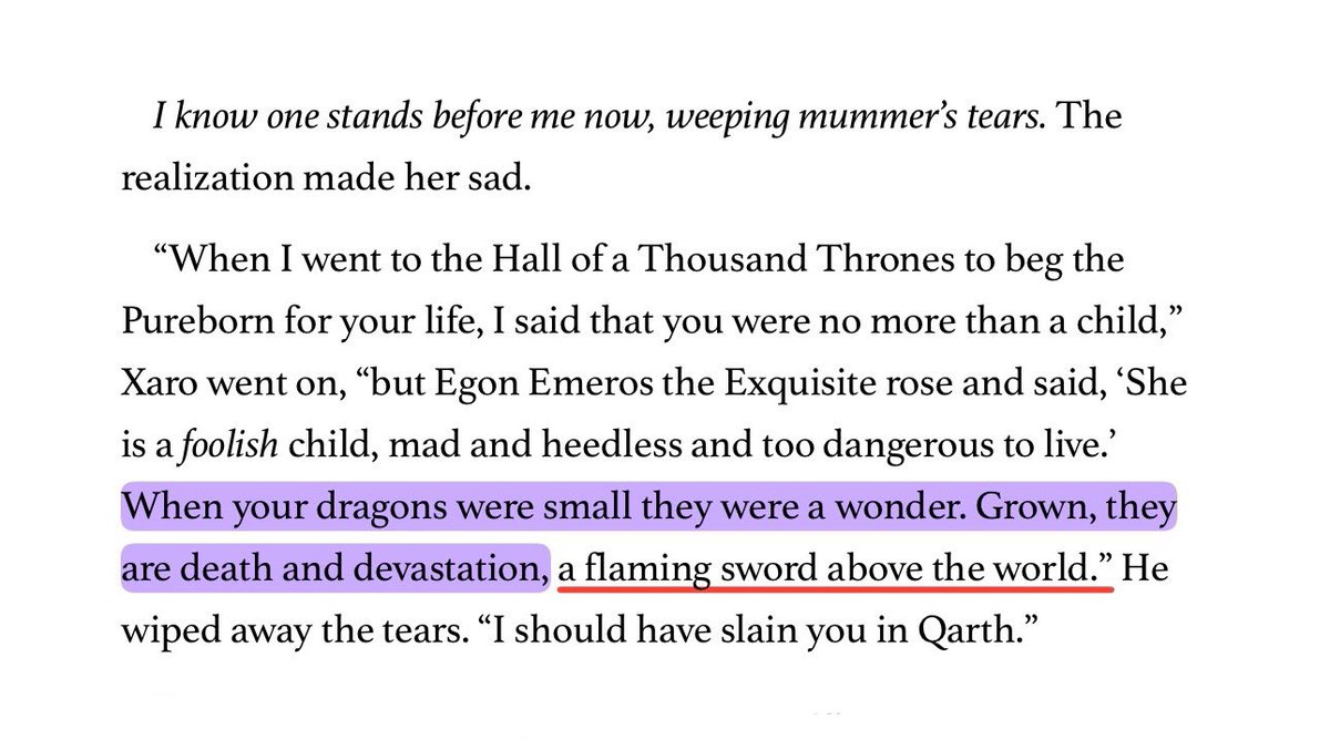 Rhllorism's tweet photo. Agot: fire (dany &amp; dragons) is needed to keep the others / acok: dragons are needed to keep the magic &amp; balance / asos: dragons are used to free slaves and burn slavers / adwd: dragons are lightbringer (which is needed for the long night) https://t.co/GaQFwmDUch