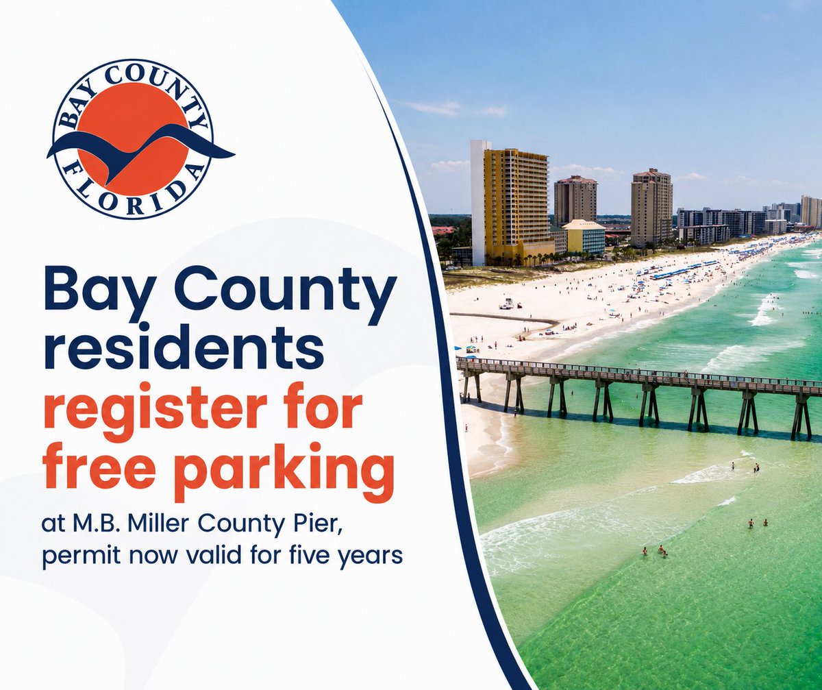 MyBayCountyFL's tweet photo. Bay County residents heading to the beach this summer may park for free at the M.B. Miller County Pier with a resident parking permit. Even better, permits are now valid for five years.

Permits are linked to your vehicle tag number, require no physical pass and no credit card information. Simply upload a copy of your vehicle registration to verify residency and complete the application online.

Apply today at https://t.co/kG8Hpnjg64

Need assistance? Call Bay County Parks and Recreation at (850) 248-8730.