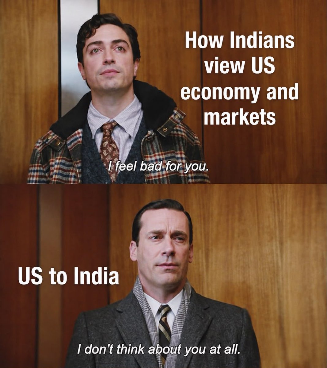 RMantri's tweet photo. Elites in India are always analyzing and over-analyzing what US is doing, what US thinks of India etc. 

I can tell you one thing, hardly any of the elites and almost nobody else in the US is thinking of India. They are busy with their own business and economy. They don’t care about India or for that matter any other country. 

The borderline obsession in India, especially in the media, of US VC, tech,AI, its markets and economy is weird.