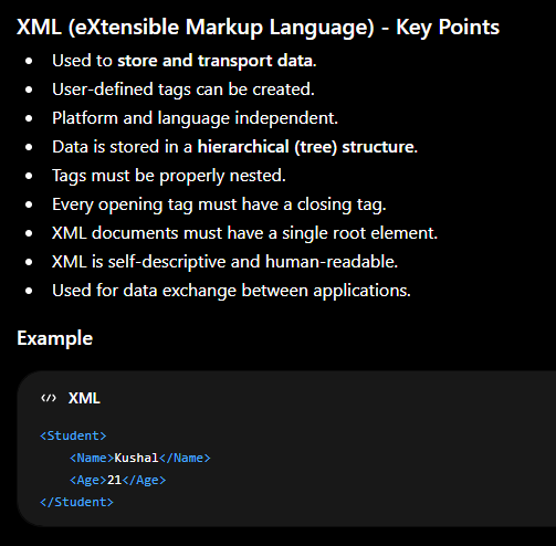 kushaldhakal216's tweet photo. Day 57/111 of #111DaysOfLearningForChange
XML & XSD (Exam Prep):
-XML: Store/transport data, hierarchical, self-descriptive
-XSD: Define structure + rules for XML
-Restrictions: Enumeration, Length, Pattern, Min/Max
Web Tech exam tomorrow!
@CodeForChangeNp
#XML #XSD #WebDev https://t.co/gbP9H7bh29
