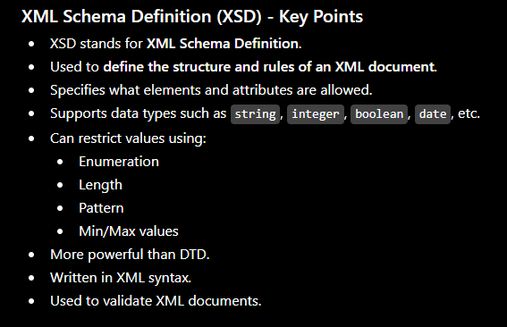 kushaldhakal216's tweet photo. Day 57/111 of #111DaysOfLearningForChange
XML & XSD (Exam Prep):
-XML: Store/transport data, hierarchical, self-descriptive
-XSD: Define structure + rules for XML
-Restrictions: Enumeration, Length, Pattern, Min/Max
Web Tech exam tomorrow!
@CodeForChangeNp
#XML #XSD #WebDev https://t.co/gbP9H7bh29