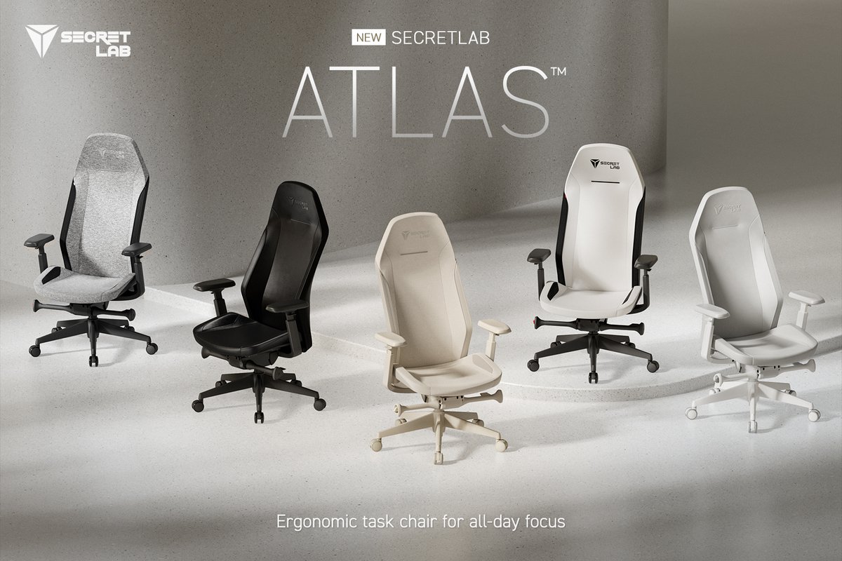 secretlabchairs's tweet photo. The new Secretlab ATLAS™ ergonomic task chair. Tuned for all-day focus, its RE-CURVE™ Backrest and synchronous tilt contour to support your entire back and encourage active, dynamic sitting. Now available in carefully curated colorways and upholsteries to elevate your space: https://t.co/epE7ifwkRO