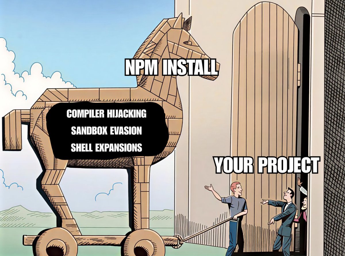 AikidoSecurity's tweet photo. A clean package.json is no longer evidence that nothing runs.

The mere presence of binding.gyp is enough for code to run at install time. No scripts block needed. Payloads can hide under any field name, at any depth. The sandbox around it can be escaped. And node-gyp pulls in files automatically that nothing even points to.

The latest Miasma variant used binding.gyp. We dug deeper and found it goes much further.