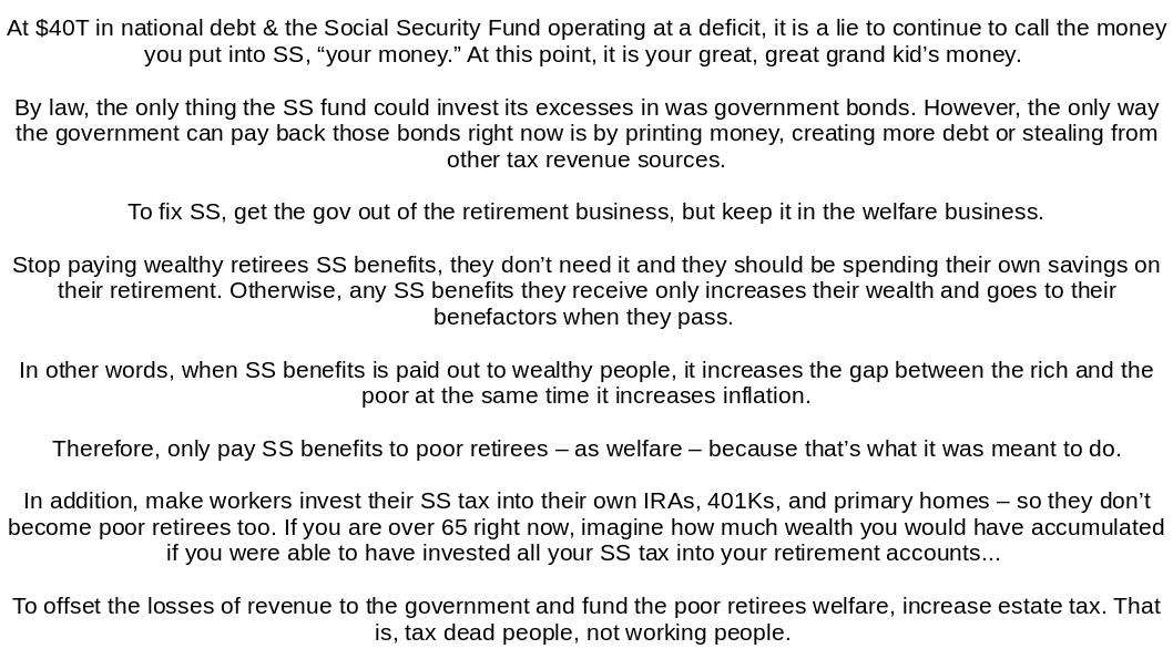 Palmerizer2's tweet photo. @SenWarren How about we stop paying all those rich people Social Security and Medicare first? There are a lot of very, very rich retirees who don't need to be government dependents. https://t.co/avAtdMHiCH