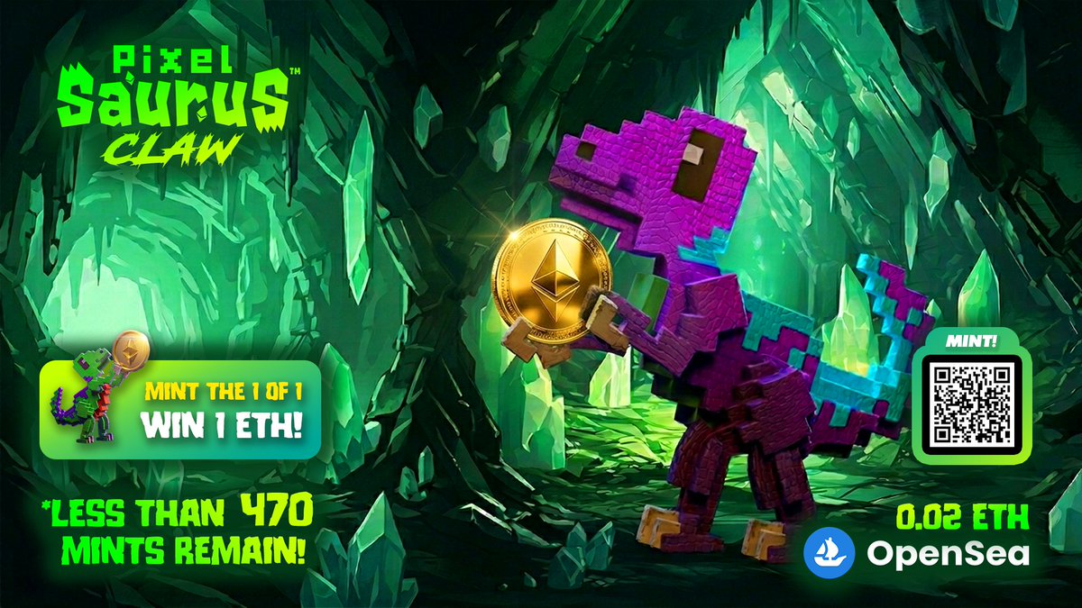 PixelSaurus's tweet photo. Mint the 1of1 Mythical PixelSaurus® Claw and WIN 1 ETH! He's lurking somewhere within the next 470 mints! 👀

🦖  FREE Rideable OtherSide Avatar!
🗜️  Customize Name &amp; Gender for FREE!

MINT a PixelSaurus® Claw for just 0.02 ETH 👇🦕🦖🌋
🔗  https://t.co/B2Fw9CWUpC https://t.co/LbnY316eZn