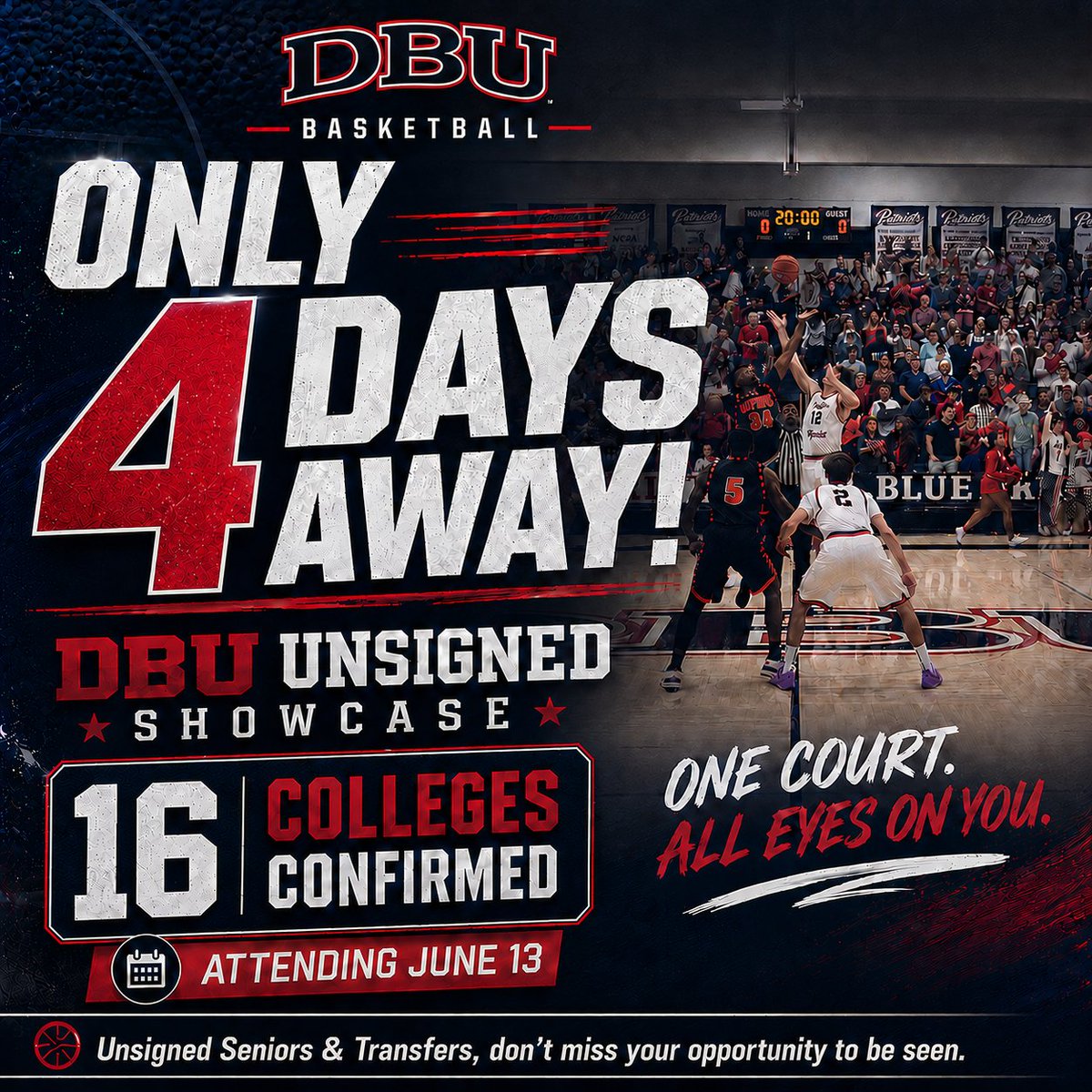 DBUBasketball's tweet photo. 🚨This Saturday is our FINAL UNSIGNED SHOWCASE🚨

Last week, 26 college coaches attended!

If you need a 🏡to play at in the Fall, THIS IS THE BEST EVENT TO GET 👀ON YOU!

Register before it sells out: https://t.co/MmGyA6pIbr https://t.co/6Vt5zSWi0z