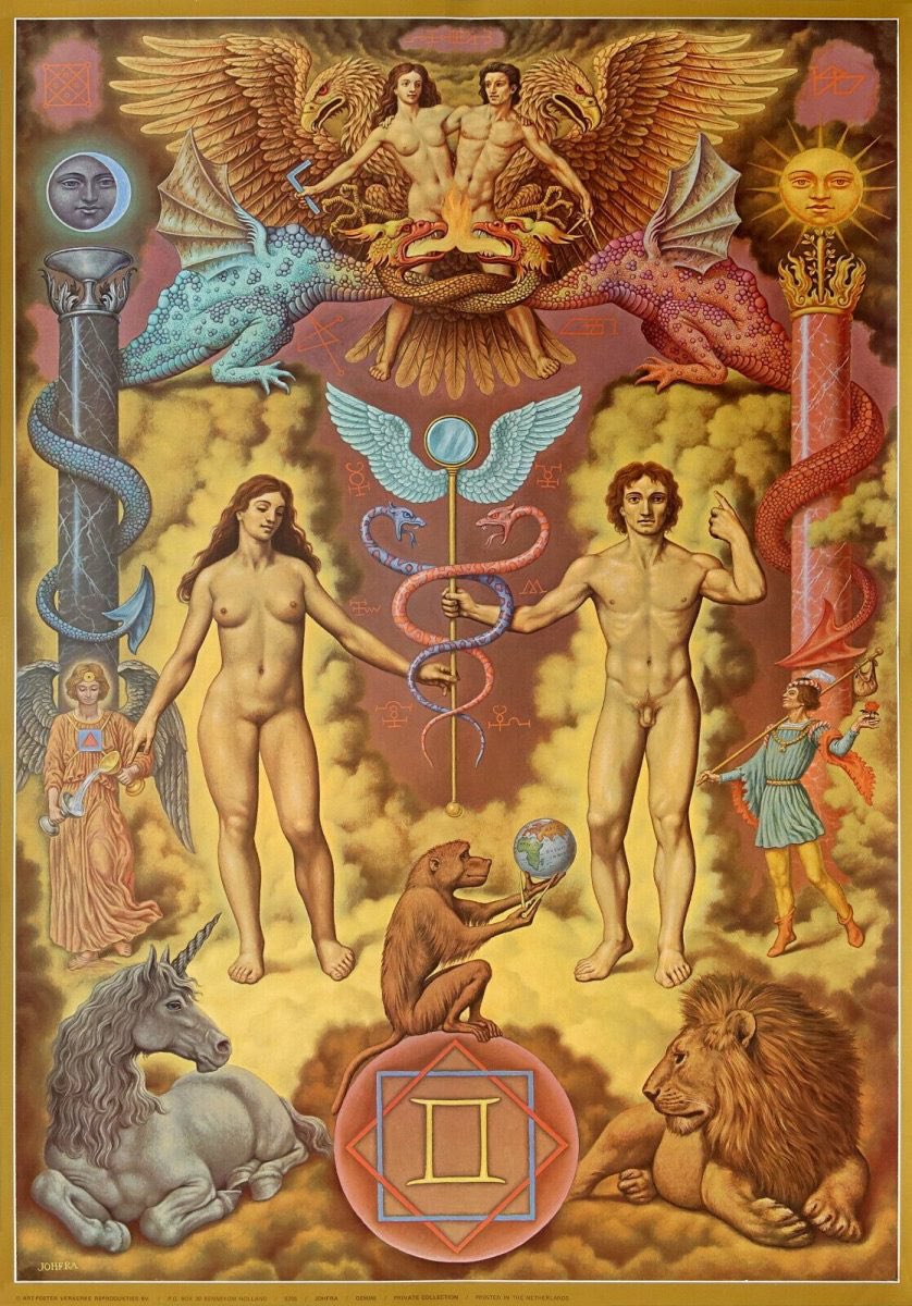 symbolstudies's tweet photo. Johfra Bosschart’s depiction of Gemini represents a masterful take on what has been referred to as the Alchemical Marriage or Wedding. It symbolizes the union of opposites which has been expressed and visualized in countless ways over the ages. The parallels between this piece and The Lovers card, which corresponds with Gemini, are many. Gemini simultaneously represents duality opposed and unified which is thoughtfully echoed throughout this piece. 

Perhaps my favorite detail is the caduceus with a mirror on top which both figures hold onto. According to the Penguin Dictionary of Symbols, it’s said that the mirror could be considered the “symbol of symbols” as everything symbolic is ultimately a reflection of source or the supreme principle. Naturally, the reflective dynamic of twins and partnerships relate to the mirror as well. 

There are so many layers in this piece I encourage you to spend a little time exploring. What do you see? I’d love to know.