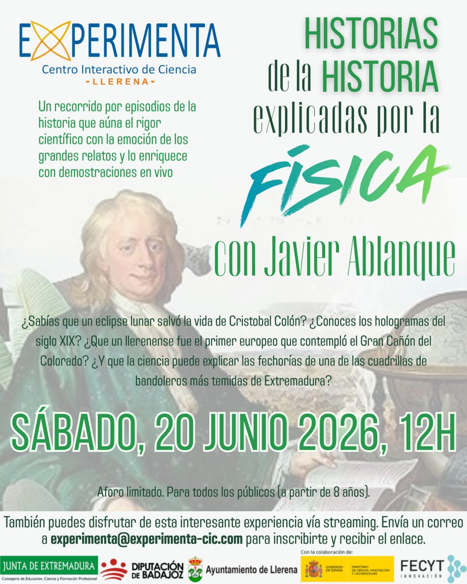 JAblanque's tweet photo. El sábado 20 de junio, a las 12:00 h, impartiré una charla en el Centro Interactivo de Ciencia EXPERIMENTA, en Llerena. La charla irá acompañada de experimentos científicos caseros. https://t.co/LwgSaN7W20