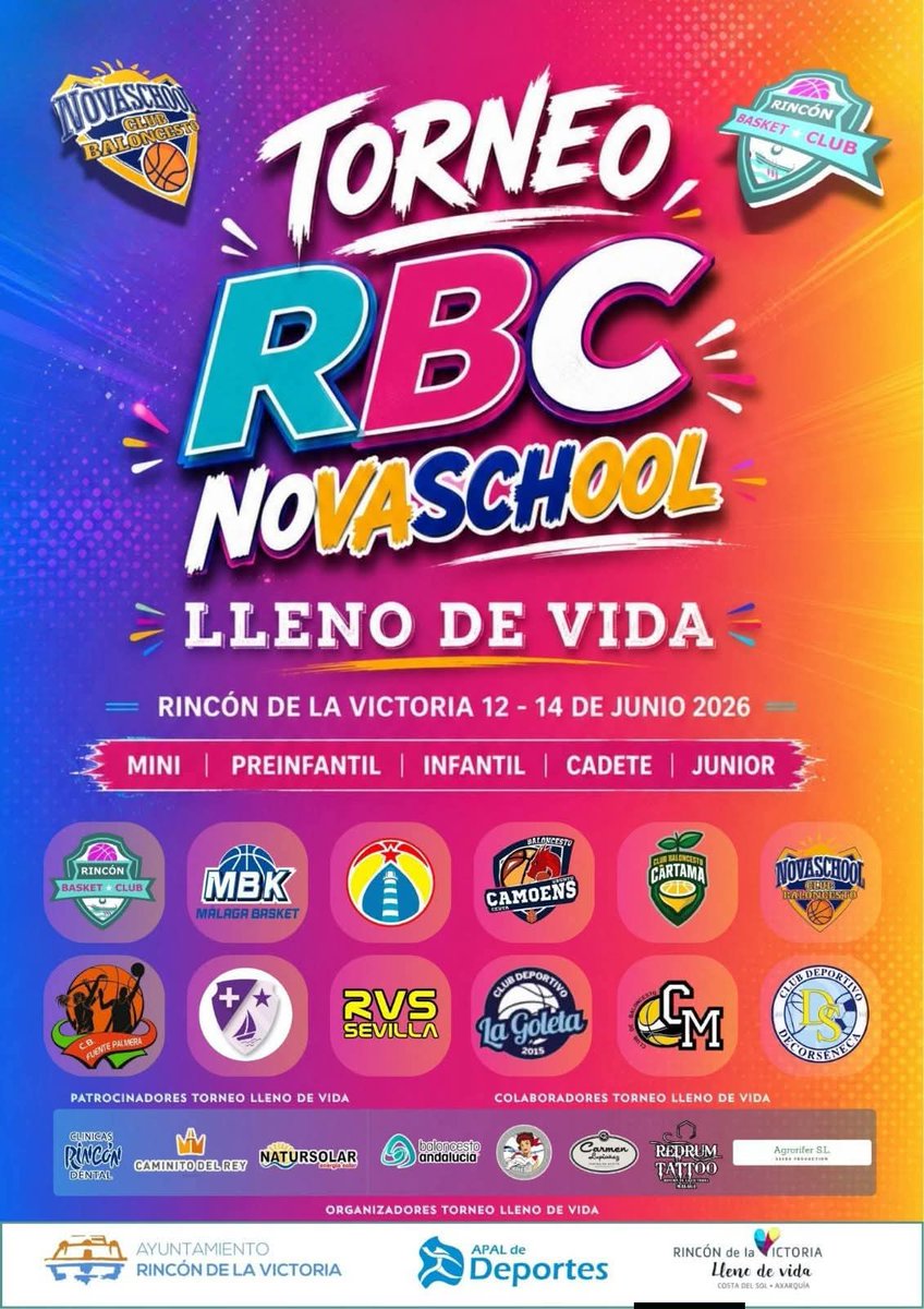 deportesrinconv's tweet photo. 🏀 Este fin de semana llega el Torneo @RINCONBASKETCL1 @CBNovaschool 'Lleno de Vida' a Rincón de la Victoria, con 900 participantes procedentes de Andalucía y Ceuta.

📅 Las jornadas se disputarán del 12 al 14 de junio con 112 partidos y 56 equipos desde minibasket a junior. https://t.co/rcgrVavzfs