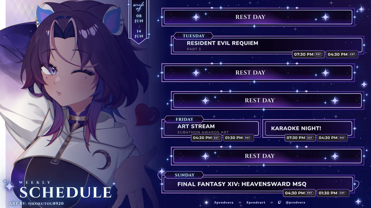 pvndvora's tweet photo. 【STREAM SCHEDULE 6/8 - 6/14】 
WE'RE BACK WITH WEEKLY SCHEDULES!!!✨ 
Excited for more RE9, Art and karaoke stream on Friday~ then FFXIV on Sunday! https://t.co/UY3QSnVwfp