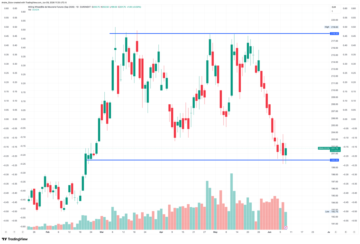 sizov_andre's tweet photo. Hotter and drier weather is returning to France and Germany around the key grain-filling stage for #wheat.

That is not a friendly setup for EU crop potential.

At the same time, Sep Matif still refuses to break cleanly below EUR 200.

Not a bad place to start thinking about bullish risk/reward. Yes/no?

#oatt #sizovreport #agwx