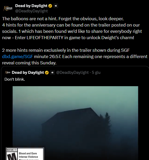 leaksbydaylight's tweet photo. What exactly is going on with anniversary marketing? You drop Pennywise hints, then tell is not coming: so why put hints? You ask people to tune for announcement that happen 13 hours later, the 10th Broadcast Event when Europe asleep, the IGN reveal for just Bloody Jason.. https://t.co/58pF2pO7Hq