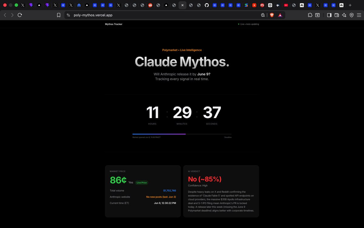 Kainshq's tweet photo. vibe coded this website which auto updates using gemini 3.1 pro surfs web and x for every 5 mins looking for leaks and latest news and self updates website while considering all possibilities it shares its personal opinion too & also uses polymarket live api for live price changes
you can check it out here: https://t.co/C18N0AiGWr