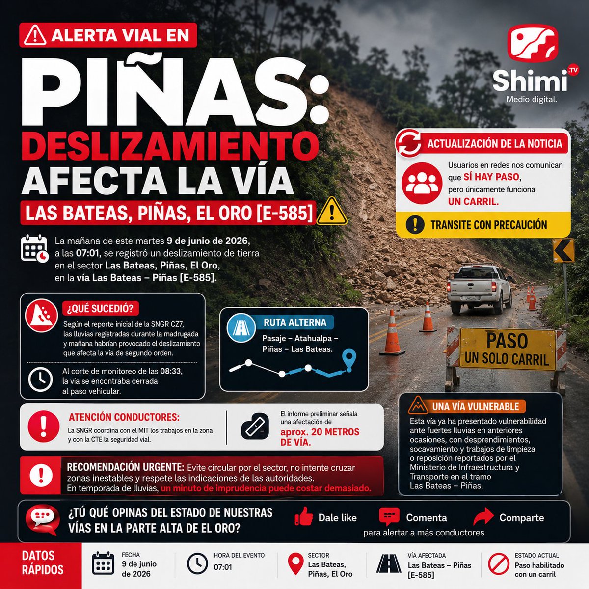 tv_shimi's tweet photo. 🚨 ACTUALIZACIÓN | Las Bateas, Piñas
Usuarios reportan que sí hay paso en la vía E-585, pero solo por un carril. Se corrige: el sector afectado es Las Bateas, Piñas, El Oro, no Saracay.
⚠️ Circule con precaución.
#Piñas #LasBateas #ElOro #AlertaVial https://t.co/Xi4hWysGKZ
