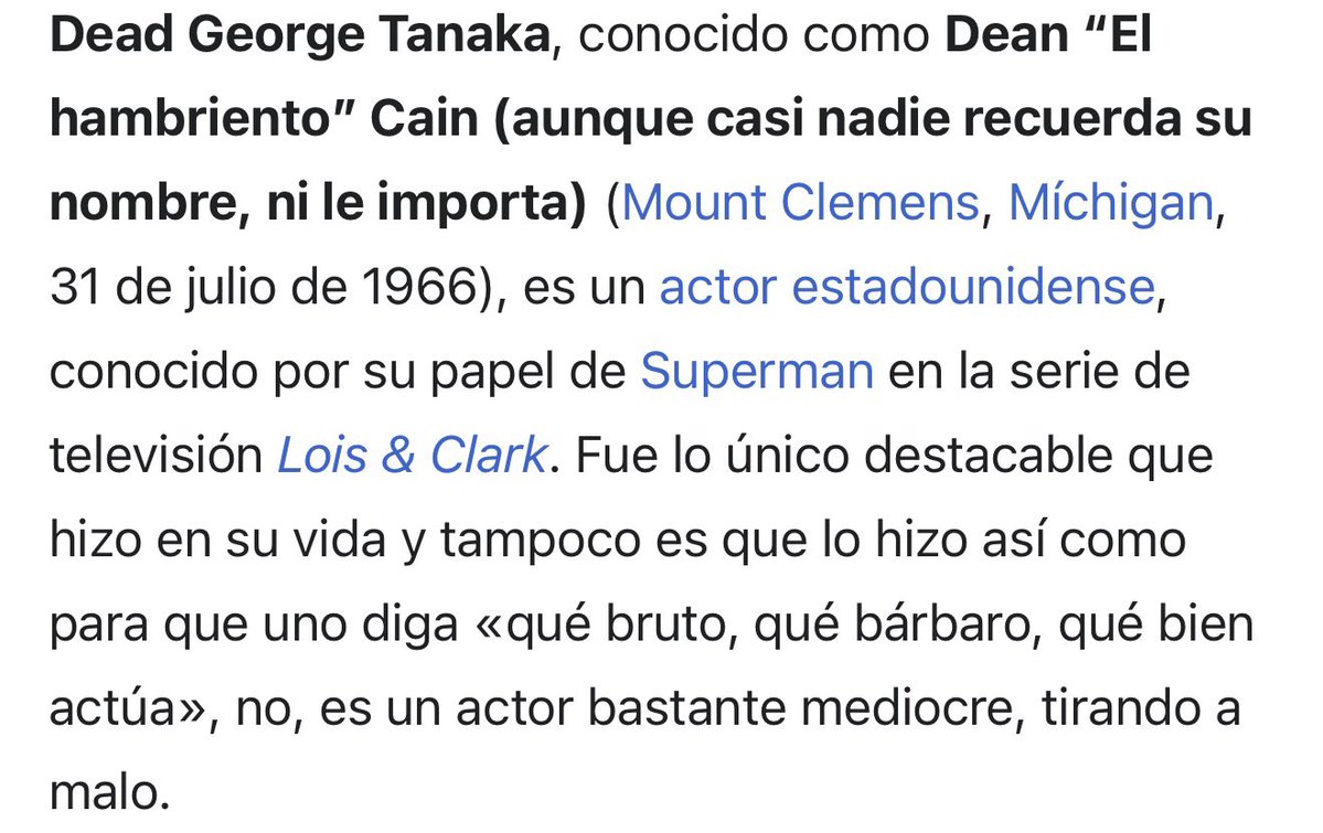 TheCinePlus's tweet photo. Después de los infames comentarios de Dean Cain (el actor de Superman más fracasado) ya modificaron su página en la Wikipedia 😭 https://t.co/hz4SwV93M7