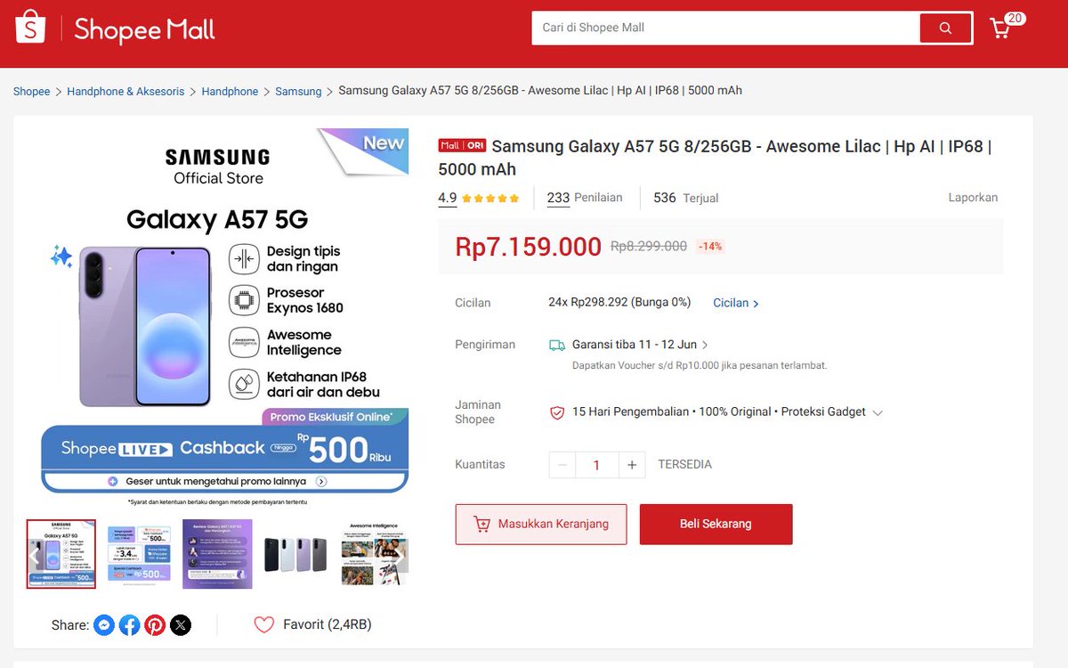 richard7arch's tweet photo. @ShopeeID Light &amp; slim designnya Galaxy A57 5G bikin aku berani lakukan hal di mana aja, so #BeraniAwesomewithShopee 😍📷✨ https://t.co/HMv9F7sJXv