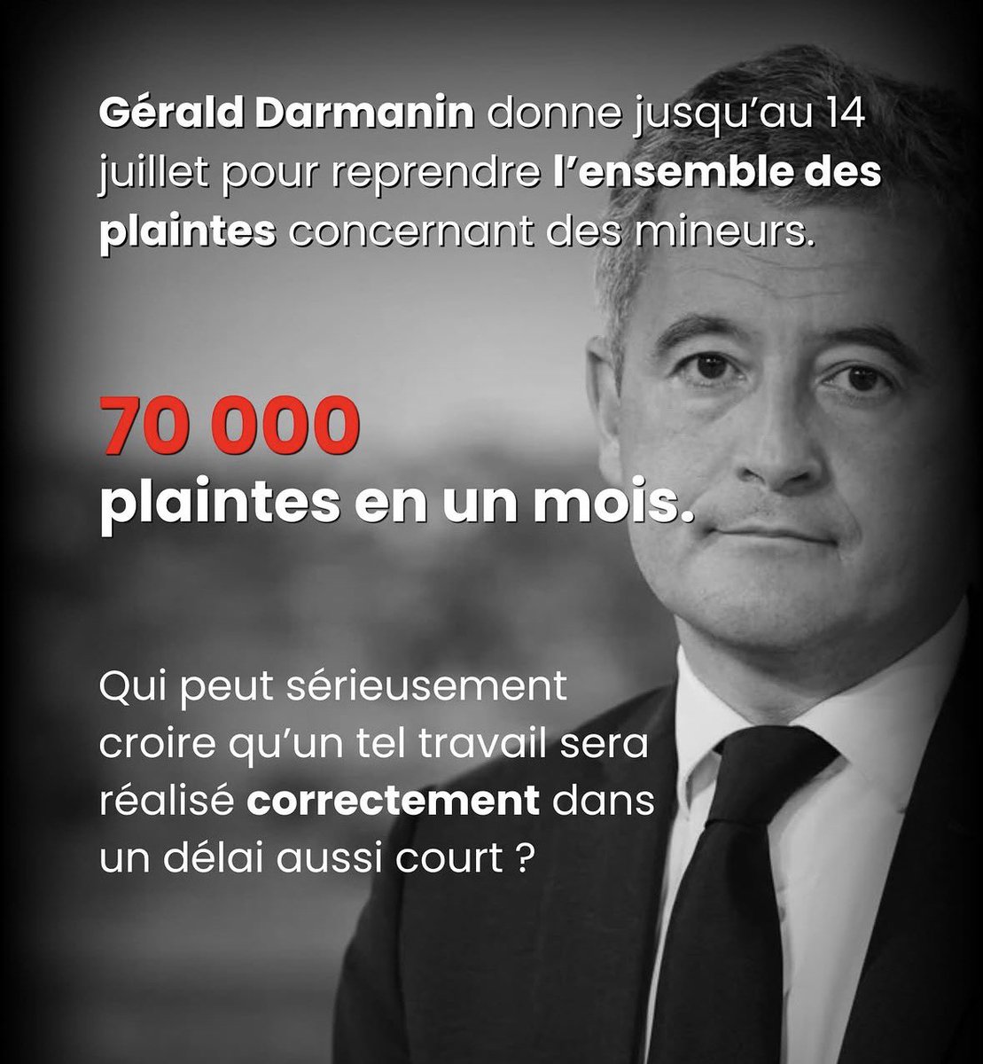 marcsplainter1's tweet photo. Darmanin : « 70 000 plaintes mineurs à reprendre avant le 14 juillet. »
70k en un mois = 2 333 par jour.
Tranquille, les fonctionnaires vont tout checker avec soin et application 
C’est pas du travail bâclé, c’est du miracle administratif. 
Qui y croit ? 
#Darmanin #70kPlaintes https://t.co/WCZkEhitrG