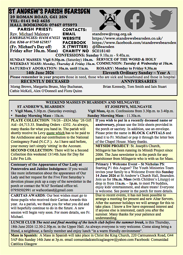 SBearsden's tweet photo. ✝️PARISH BULLETIN✝️The Parish Bulletin is available weekly on the noticeboard in the porch, on Facebook, Twitter and on our website. Please click on the attached images to view the latest edition for 14th June 2026, 11th Ordinary Sunday~Year A👇🏻@ArchdiocGlasgow @NicholasPrimary https://t.co/bRmRtRNIsd