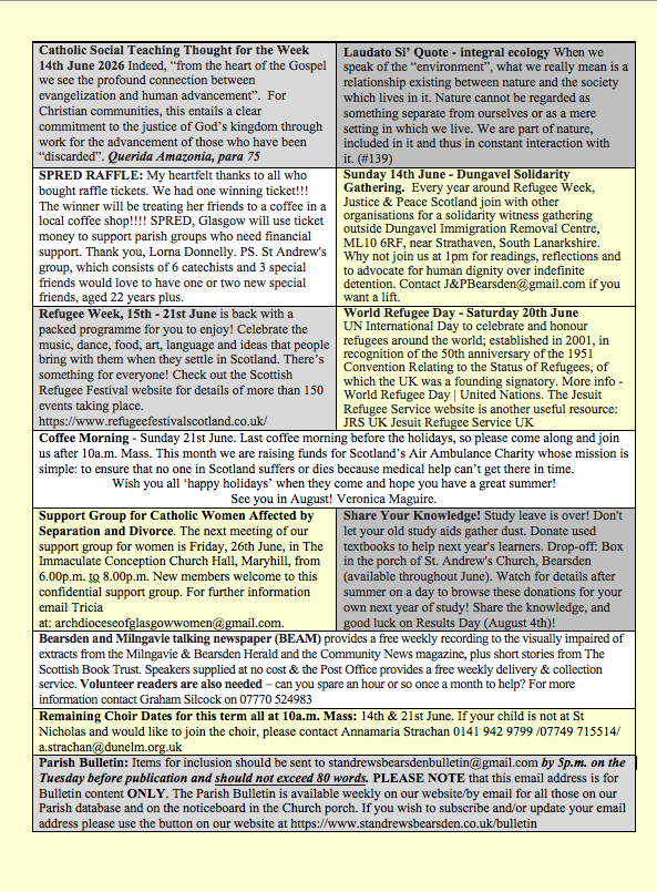 SBearsden's tweet photo. ✝️PARISH BULLETIN✝️The Parish Bulletin is available weekly on the noticeboard in the porch, on Facebook, Twitter and on our website. Please click on the attached images to view the latest edition for 14th June 2026, 11th Ordinary Sunday~Year A👇🏻@ArchdiocGlasgow @NicholasPrimary https://t.co/bRmRtRNIsd