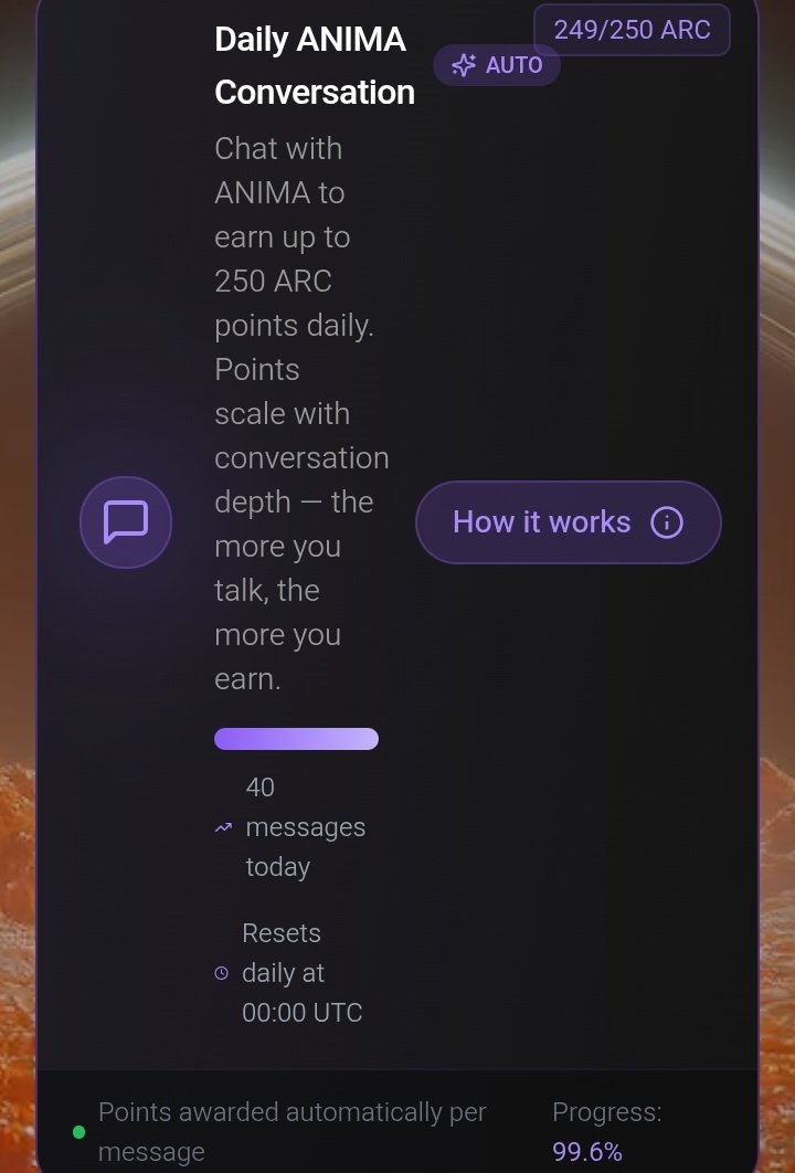 SerenaBlez's tweet photo. Been grinding the daily ANIMA conversations on @TheARCTERMINAL for a while now, and I need to ask if anyone else is experiencing this too

Every single time I get close to the reward threshold, the counter stops at exactly 249 ARC points. Instead of 250 and the counter usually reset everyday.

The task says:
Chat with ANIMA to earn up to 250 ARC points daily. Points scale with conversation depth.

So I keep pushing longer conversations, trying different styles of interaction, but somehow it never crosses into the final point needed for rewards.

On top of that, the chat platform sometimes lags heavily during conversations, which makes the whole experience even more confusing.

I genuinely want to know:
Is this happening to anyone else?

Have you successfully hit the full 250 ARC recently?

Would love to hear from other users grinding the daily conversations because right now it feels like I’m stuck in an endless one point away loop every single time