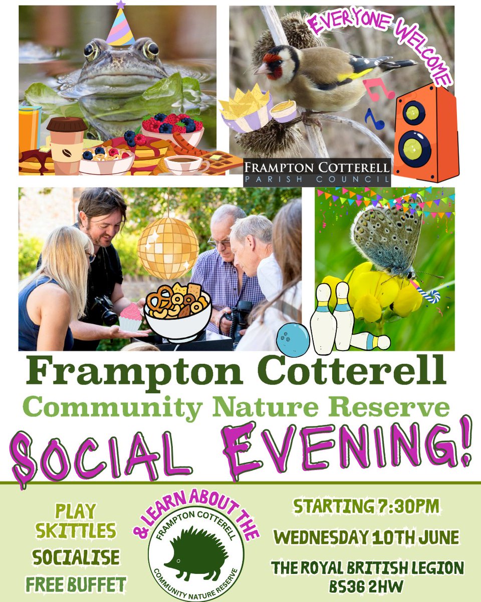 FramptonParish's tweet photo. For #GreatBigGreenWeek, you're invited to our Community Nature Reserve Social!
7:30PM, Wednesday 10 June, Royal British Legion BS36 2HW - tonight!!
Everyone welcome :)
https://t.co/bNVRBNx7ag
#FCPC #FramptonCotterell #CommunityNatureReserve #Nature #TogetherForGood https://t.co/dFFmCrOAKj