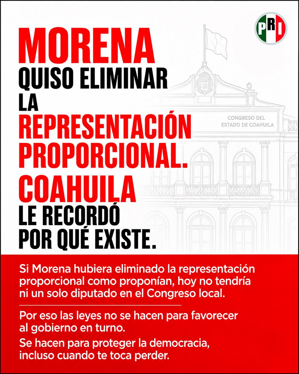 PRI_Nacional's tweet photo. Morena quiso legislar desde la soberbia del poder.
Coahuila le dio una lección de democracia.

Las reglas no se diseñan para aplastar adversarios: se construyen para que todas las voces tengan representación. https://t.co/ce14WsXXzO
