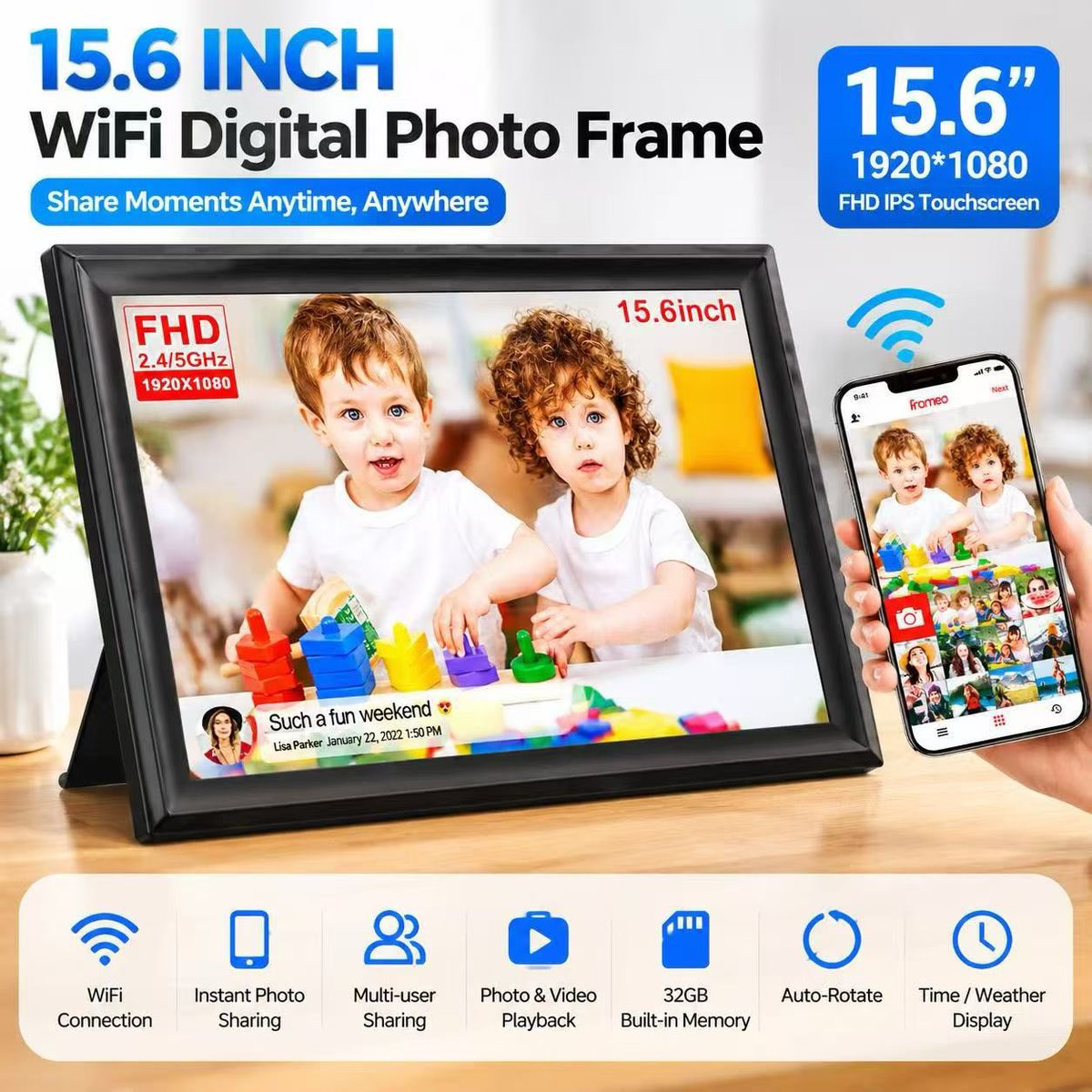 Akimartframe's tweet photo. 15.6" WiFi Digital Photo Frame: Send photos from your phone to the frame in seconds. 1080p FHD touchscreen, 32GB storage, multi-user sharing. Keep loved ones close, even when apart. 📸✨

#DigitalPhotoFrame #SmartHome #FamilyGifts #Akimart https://t.co/6OEIWRouA1