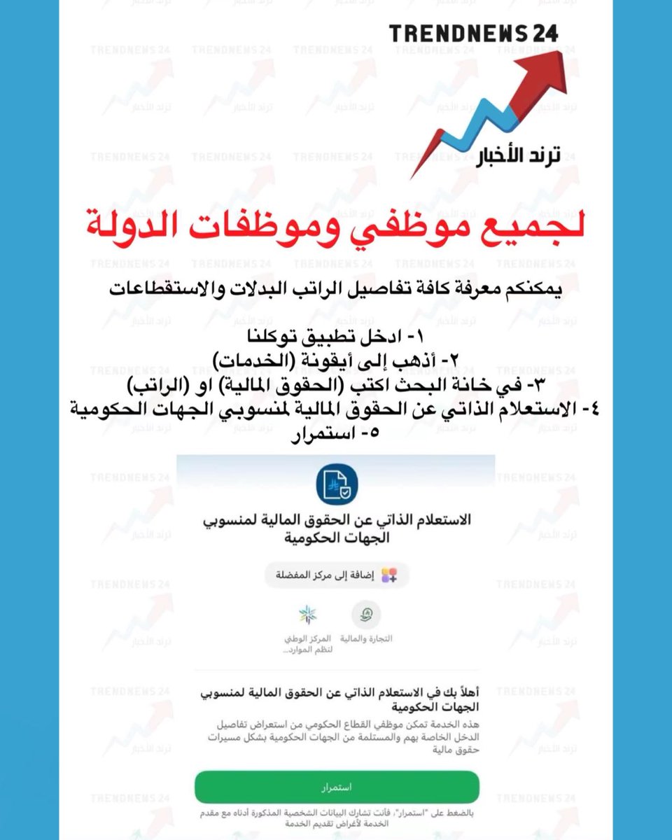 trendnews_24's tweet photo. لجميع موظفي وموظفات الدولة

يمكنكم معرفة كافة تفاصيل الراتب البدلات والاستقطاعات

١- ادخل تطبيق توكلنا
٢- أذهب إلى أيقونة (الخدمات)
٣- في خانة البحث اكتب (الحقوق المالية) او (الراتب)
٤- الاستعلام الذاتي عن الحقوق المالية لمنسوبي الجهات الحكومية
٥- استمرار

(عبدالله الجدعاني ) https://t.co/CqFNFixV13