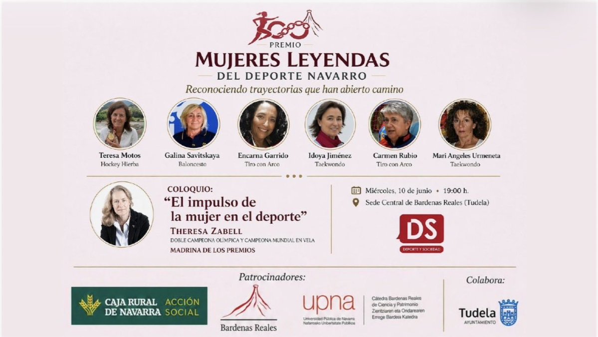 JavierTrigo's tweet photo. Mañana en Tudela tendrá lugar un reconocimiento pendiente del deporte navarro a las primeras mujeres que consiguieron gestas deportivas.
Y como madrina de honor vendrá @TZabell 

Los premios “Mujeres Leyendas” estan promovidos @DeporteyS y con el patrocinio de @BardenasRN @CajaRuralNav y la colaboración del @AytoTudela