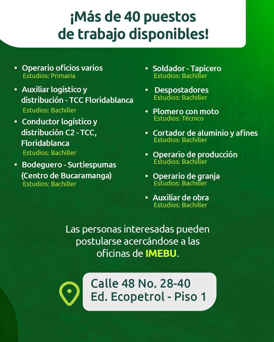 imebubga's tweet photo. 📢 ¡Convocatoria laboral en #Bucaramanga! IMEBU y OSYA tienen más de 40 vacantes abiertas. La cita: miércoles 17 de junio, 1:00–5:00 p.m., Calle 48 No. 28-40. Preséntate y postúlate. #CamelloSíHay https://t.co/zC5O5pPlUz