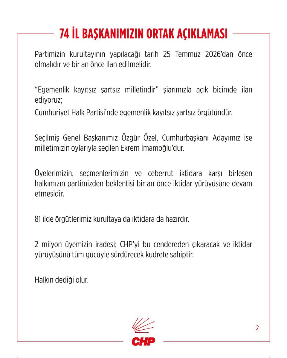 eczburhan's tweet photo. 74 il başkanımızın ortak açıklaması: 

"Seçilmiş Genel Başkanımız Özgür Özel, Cumhurbaşkanı Adayımız ise milletimizin oylarıyla seçilen Ekrem İmamoğlu’dur.” https://t.co/vEZYIc7TeK