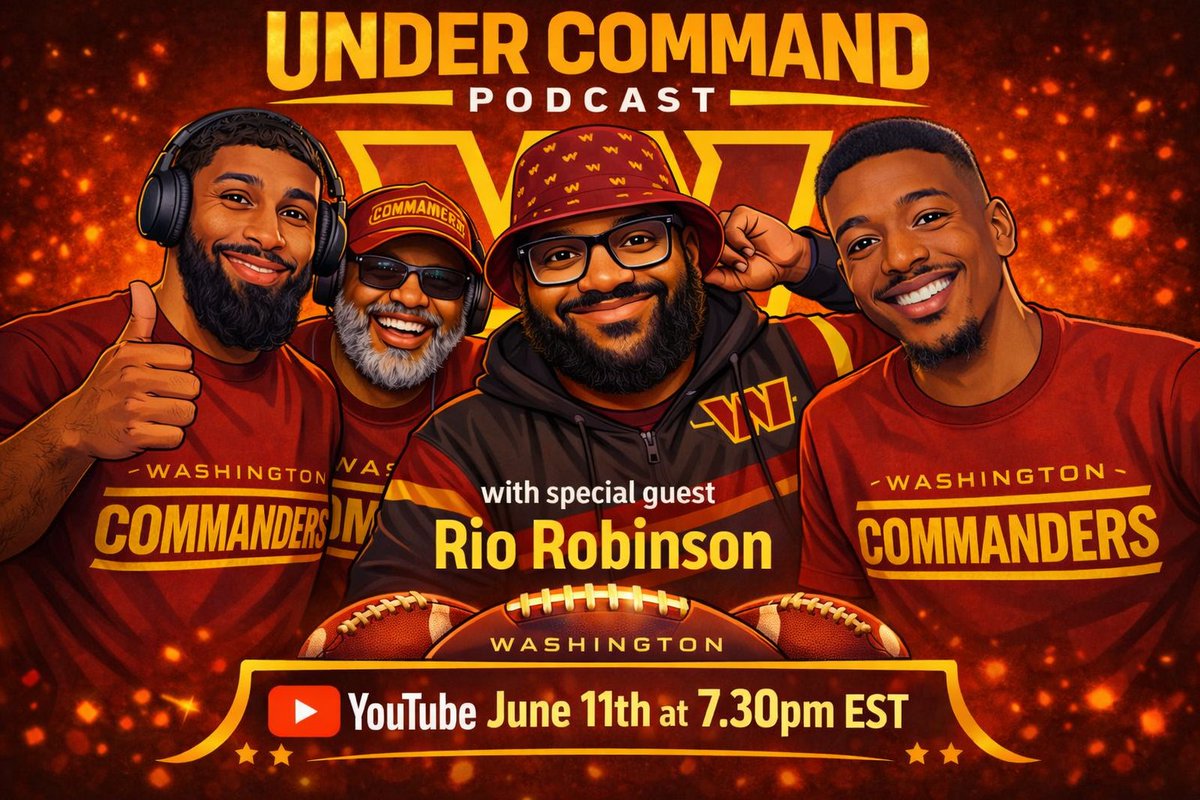 Hitman_Mike_B's tweet photo. This Thursday at 7:30pm EST we’re live with Commanders super‑fan Rio Robinson of Rambling with Rio.  
Big energy. Big takes.  
Under Command Podcast  don’t miss it. 👉  https://t.co/aqMXLD6udU #httc @Rio_Robinson91 @Robdagreatwhite @KBREAUX2000 @FullCommandShow @kaystake_ https://t.co/cOyMgc1XIx
