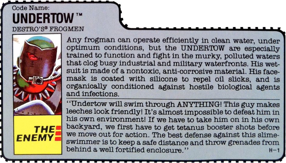 BigRedHead82's tweet photo. From my collection, complete, 1990 Undertow v.1. Undertow came with a gray mask, a black harpoon, a dark gray sled, a red missile (that attached to the underside of the sled), two gray flippers, a black hose, and a silver barracuda.
First off, I have always liked the Undertow figure, great design, and look. I had him as a kid and really enjoyed having him go up against Wet Suit and Deep Six. However, as much as I like the figure, I wish Hasbro used a different color combination on the figure. It's not bad, but the red green makes me think of Christmas colors, and it just messes me up.
Still, in spite of the Christmas theme he has going on, 1990 Undertow is a great figure, and the last Iron Grenadier made for the sub-line.
#GIJoe #GIJoeNation #ARAH #YOJOE #3DJoes #VintageToys #80sToys #actionfigures #GIJoeCollecting #ToyCollecting #toyphotography #OneJoeADay