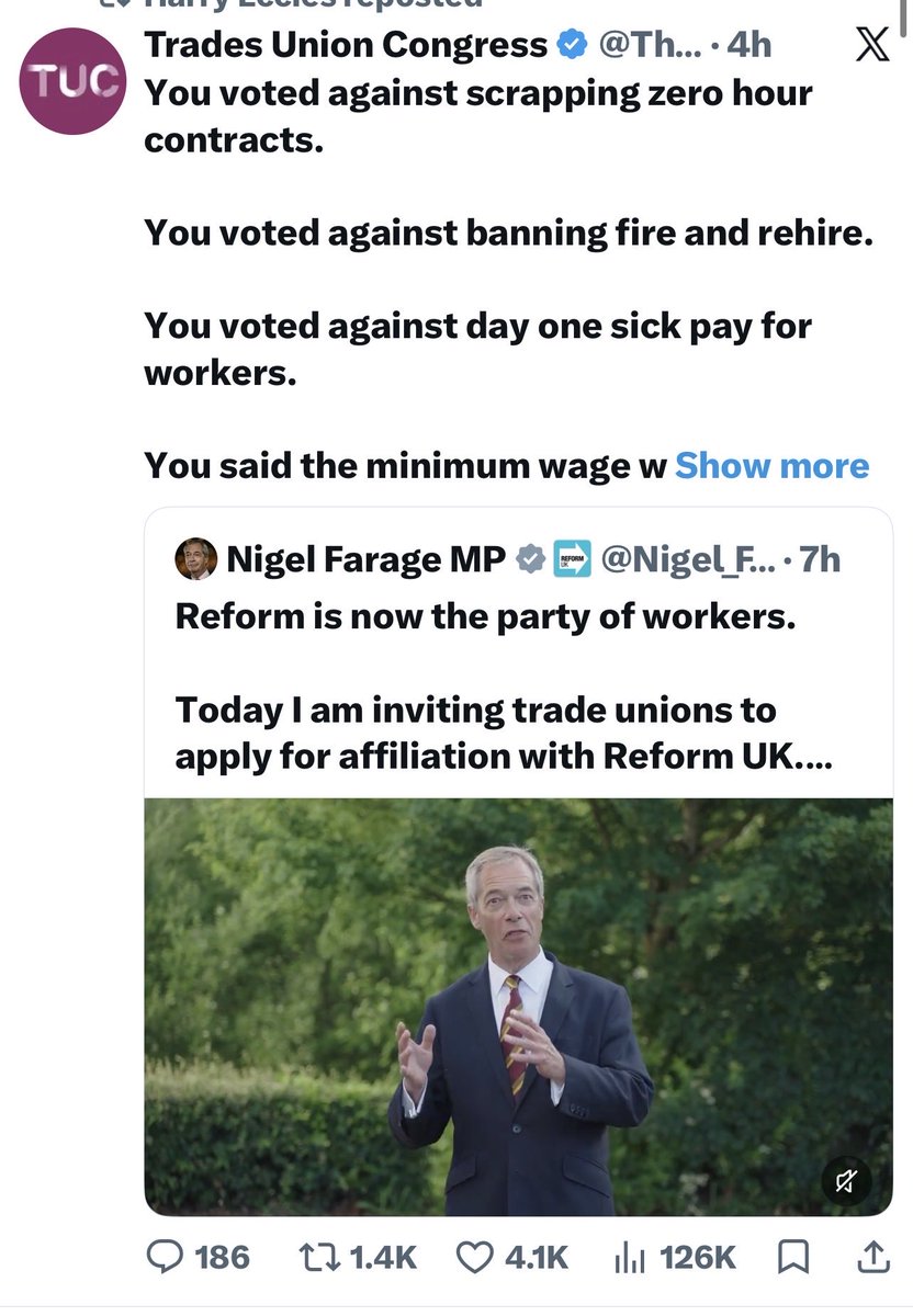 A_Soft_Soul's tweet photo. @Nigel_Farage Unions will have nothing to do with you. https://t.co/DWzje81AxI