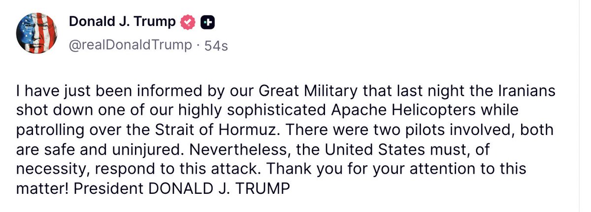 ElizHagedorn's tweet photo. Breaking — Trump says Iran shot down the U.S. Apache helicopter that crashed near the Strait of Hormuz https://t.co/p7n8TlnfWh