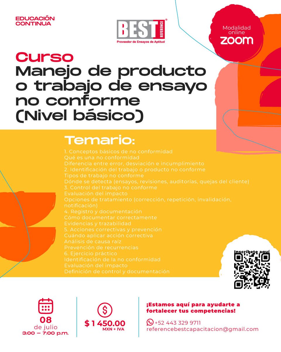 BestReferenceMX's tweet photo. 🚨 Aprende a identificar, documentar y dar tratamiento adecuado a trabajos o productos no conformes.
📅 08 de julio
💻 Modalidad online vía Zoom
📌 Cupo limitado
🔗 Inscríbete aquí: 
https://t.co/InyLYYaEU9

#Laboratorio #Calidad #ISO17025 #NoConformidades #GestiónDeCalidad https://t.co/CLCp0GbQhS