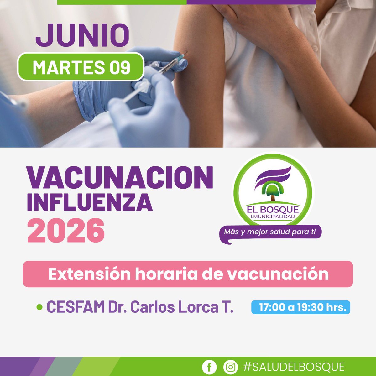 munielbosque's tweet photo. 🟢𝐂𝐀𝐌𝐏𝐀𝐍̃𝐀 𝐃𝐄 𝐕𝐀𝐂𝐔𝐍𝐀𝐂𝐈𝐎́𝐍 𝐈𝐍𝐅𝐋𝐔𝐄𝐍𝐙𝐀 𝟐𝟎𝟐𝟔 : 𝐄𝐗𝐓𝐄𝐍𝐒𝐈𝐎́𝐍 𝐇𝐎𝐑𝐀𝐑𝐈𝐀 💉🦠
Este martes 9 de junio, se habilitará extensión horaria de vacunación contra Influenza, en el Centro de Salud Familiar:
🏥Dr. Carlos Lorca:⏰ 17:00 a 19:30 horas. https://t.co/EDYkBP4WHg
