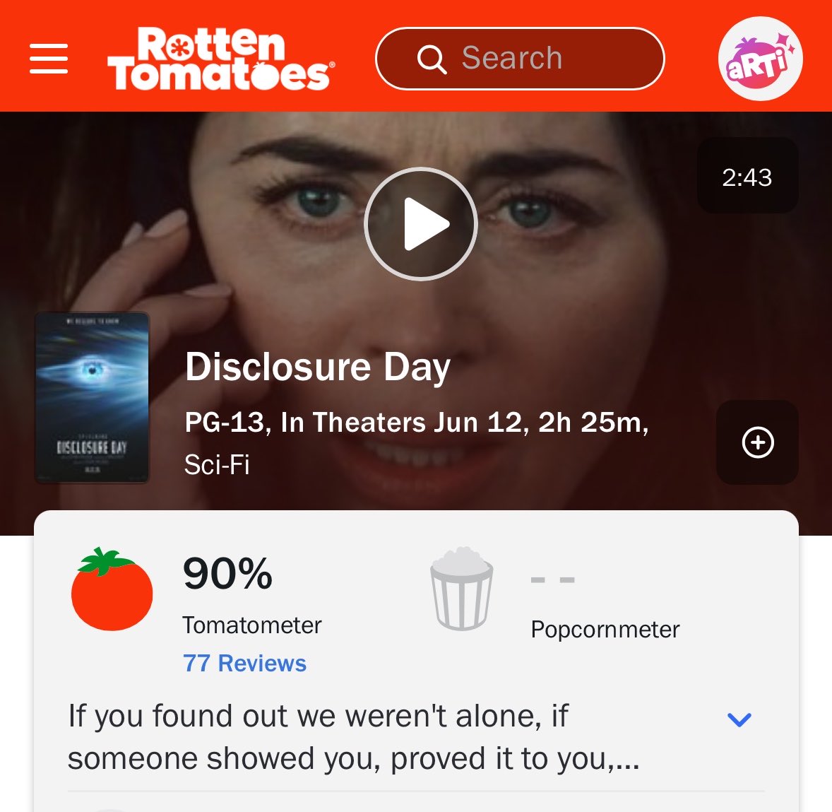 CultureCrave's tweet photo. Steven Spielberg’s ‘Disclosure Day’ debuts with 90% on Rotten Tomatoes — based on 77 reviews 🍅 https://t.co/YtYq4pjOPD