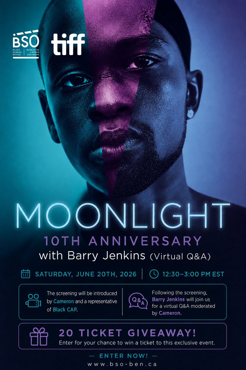 BLKScreenOffice's tweet photo. GIVEAWAY 
We're celebrating 10 years of Moonlight!

BSOxTIFF presents a special screening followed by a live virtual Q&amp;A with director Barry Jenkins, moderated by Cameron.

June 20th. Don't miss it.

TO ENTER: Comment and tag the person you're bringing ➕ Follow @BLKScreenOffice https://t.co/e1aPz7JiTI
