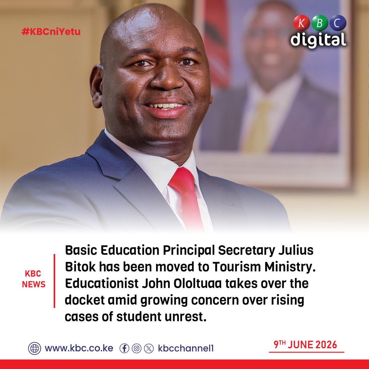 KBCChannel1's tweet photo. CHANGES IN EDUCATION SECTOR

Basic Education Principal Secretary Julius Bitok has been moved to Tourism Ministry. Educationist John Ololtuaa takes over the docket amid growing concern over rising cases of student unrest.

#KBCniYetu
@EduMinKenya https://t.co/iHRVxWRwaJ