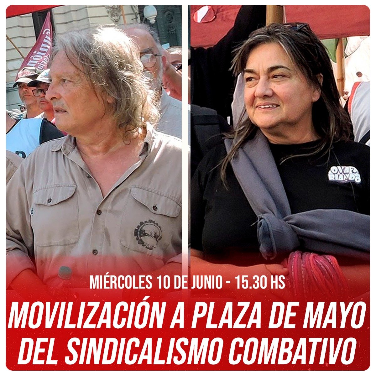 GiordanoGringo's tweet photo. ‼️ Miércoles 10 de junio - 15.30 hs

📣 MOVILIZACIÓN A PLAZA DE MAYO DEL SINDICALISMO COMBATIVO
https://t.co/4KSwwQ0Hfv

👉🏼 Este miércoles 10 de junio a las 15:30 horas el Plenario Nacional del Sindicalismo Combativo va a movilizar a Plaza de Mayo contra la motosierra de Javier Milei exigiendo a la CGT un paro general y un plan de lucha nacional.

🎤 @monschlotthauer , diputada bonaerense (Izquierda Socialista/FIT Unidad) y delegada del ferrocarril Sarmiento, dijo: “Vamos a defender cada puesto de trabajo, exigir que FATE no cierre y rodear de solidaridad a cada lucha. Milei no va más, hay que derrotarlo junto a todo su plan motosierra. La masiva marcha universitaria del 12M y el multitudinario 3J demuestran que hay voluntad de lucha. Y sobre FATE vamos a exigir al gobierno provincial de Kicillof que intervenga la empresa para que vuelva a producir, apoyando el proyecto de ley que presentaron los trabajadores en la Legislatura provincial y en el Congreso Nacional”.

🎤 @PolloSobrero, secretario general de la Unión Ferroviaria Oeste y dirigente de la Corriente Sindical A Luchar e Izquierda Socialista/FIT Unidad, agregó: “Mientras la CGT sigue pactando con Milei, desde el Plenario del Sindicalismo Combativo exigimos un paro nacional y un verdadero plan de lucha para derrotarlo. Vamos a Plaza de Mayo para reclamar un inmediato aumento salarial, jubilaciones dignas, en defensa de las universidades, el Garrahan, el INTI, el Servicio Meteorológico y todos los organismos públicos, además de exigir el fin de la persecución a las y los luchadores”.

📞  Prensa de Izquierda Socialista: 11 6054-0129